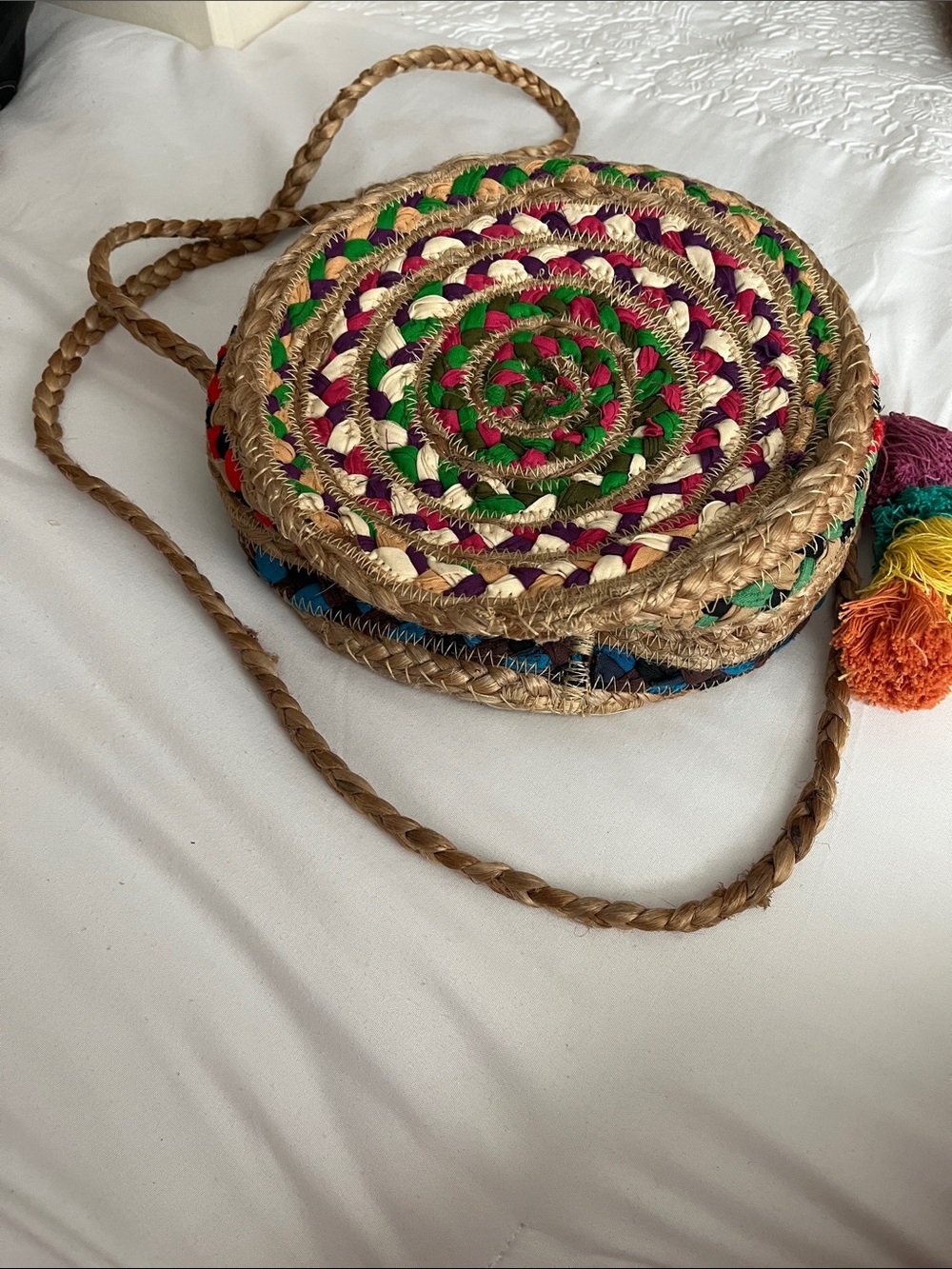 Round Multicolor Woven Crossbody Bag - Boho Straw Shoulder Purse
